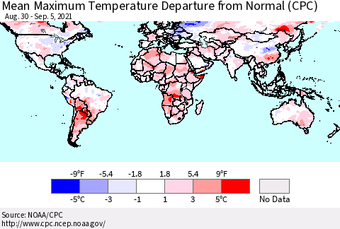 World Mean Maximum Temperature Departure from Normal (CPC) Thematic Map For 8/30/2021 - 9/5/2021