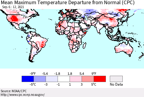 World Mean Maximum Temperature Departure from Normal (CPC) Thematic Map For 9/6/2021 - 9/12/2021