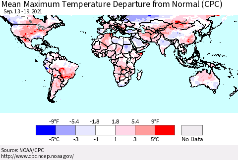 World Mean Maximum Temperature Departure from Normal (CPC) Thematic Map For 9/13/2021 - 9/19/2021