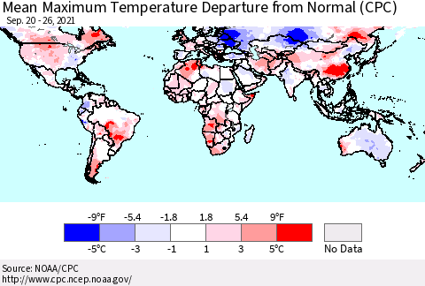 World Mean Maximum Temperature Departure from Normal (CPC) Thematic Map For 9/20/2021 - 9/26/2021