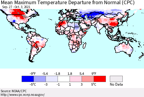 World Mean Maximum Temperature Departure from Normal (CPC) Thematic Map For 9/27/2021 - 10/3/2021