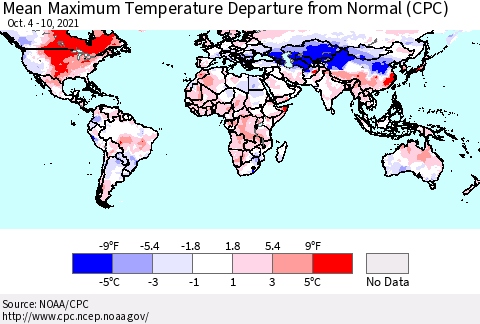 World Mean Maximum Temperature Departure from Normal (CPC) Thematic Map For 10/4/2021 - 10/10/2021