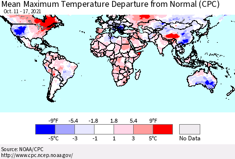World Mean Maximum Temperature Departure from Normal (CPC) Thematic Map For 10/11/2021 - 10/17/2021
