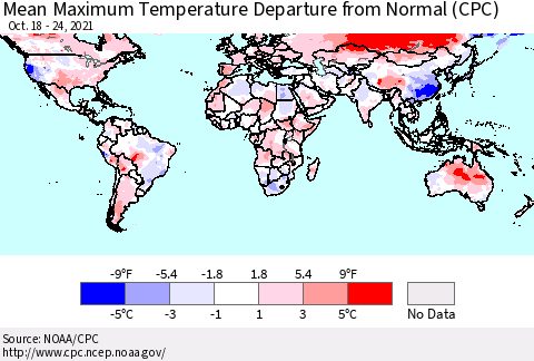 World Mean Maximum Temperature Departure from Normal (CPC) Thematic Map For 10/18/2021 - 10/24/2021