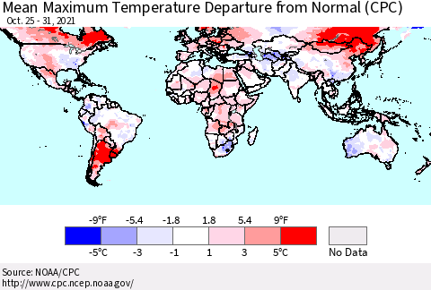World Mean Maximum Temperature Departure from Normal (CPC) Thematic Map For 10/25/2021 - 10/31/2021
