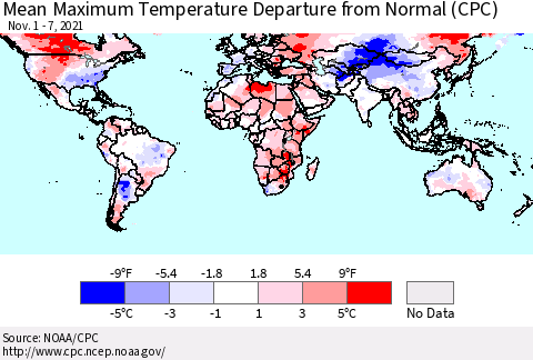 World Mean Maximum Temperature Departure from Normal (CPC) Thematic Map For 11/1/2021 - 11/7/2021