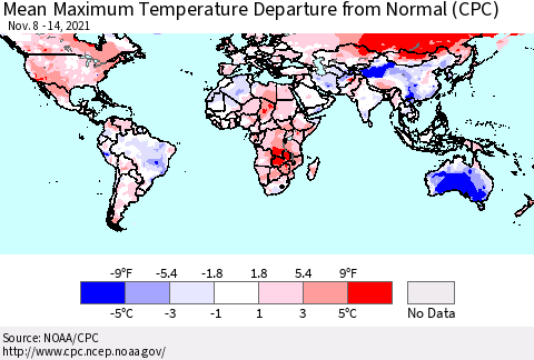 World Mean Maximum Temperature Departure from Normal (CPC) Thematic Map For 11/8/2021 - 11/14/2021