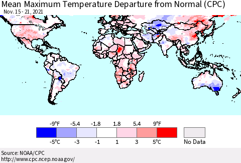 World Mean Maximum Temperature Departure from Normal (CPC) Thematic Map For 11/15/2021 - 11/21/2021