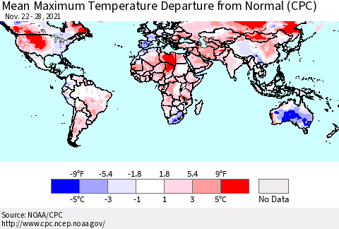 World Mean Maximum Temperature Departure from Normal (CPC) Thematic Map For 11/22/2021 - 11/28/2021