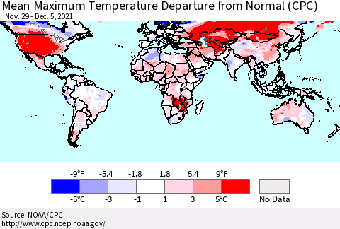 World Mean Maximum Temperature Departure from Normal (CPC) Thematic Map For 11/29/2021 - 12/5/2021