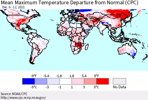 World Mean Maximum Temperature Departure from Normal (CPC) Thematic Map For 12/6/2021 - 12/12/2021