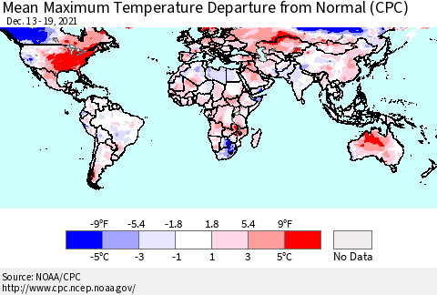 World Mean Maximum Temperature Departure from Normal (CPC) Thematic Map For 12/13/2021 - 12/19/2021