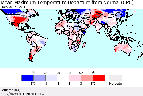 World Mean Maximum Temperature Departure from Normal (CPC) Thematic Map For 12/20/2021 - 12/26/2021