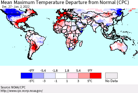 World Mean Maximum Temperature Departure from Normal (CPC) Thematic Map For 12/27/2021 - 1/2/2022