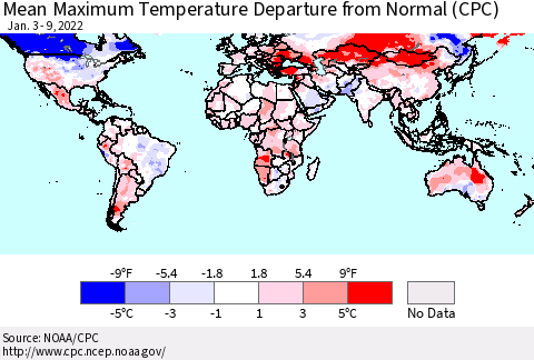 World Mean Maximum Temperature Departure from Normal (CPC) Thematic Map For 1/3/2022 - 1/9/2022