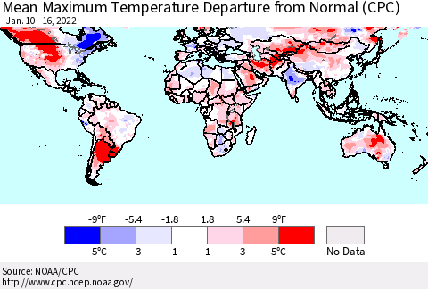 World Mean Maximum Temperature Departure from Normal (CPC) Thematic Map For 1/10/2022 - 1/16/2022