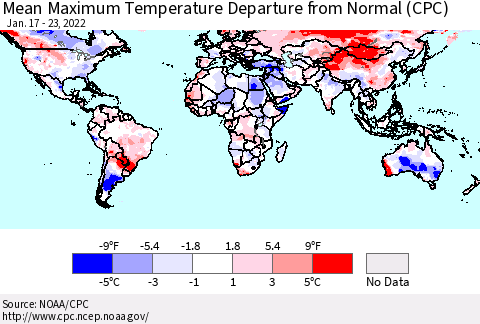 World Mean Maximum Temperature Departure from Normal (CPC) Thematic Map For 1/17/2022 - 1/23/2022