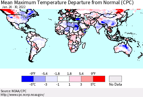 World Mean Maximum Temperature Departure from Normal (CPC) Thematic Map For 1/24/2022 - 1/30/2022