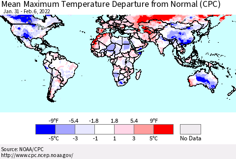 World Mean Maximum Temperature Departure from Normal (CPC) Thematic Map For 1/31/2022 - 2/6/2022