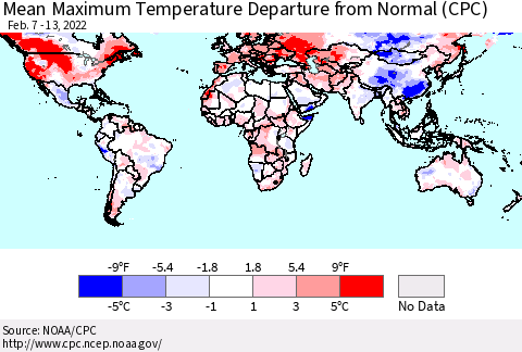 World Mean Maximum Temperature Departure from Normal (CPC) Thematic Map For 2/7/2022 - 2/13/2022