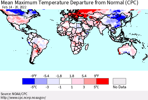 World Mean Maximum Temperature Departure from Normal (CPC) Thematic Map For 2/14/2022 - 2/20/2022
