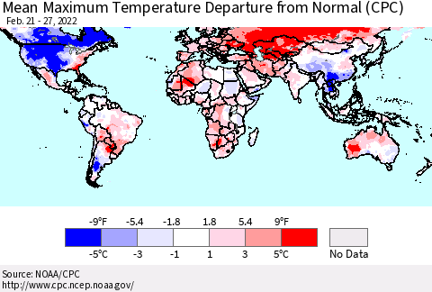 World Mean Maximum Temperature Departure from Normal (CPC) Thematic Map For 2/21/2022 - 2/27/2022