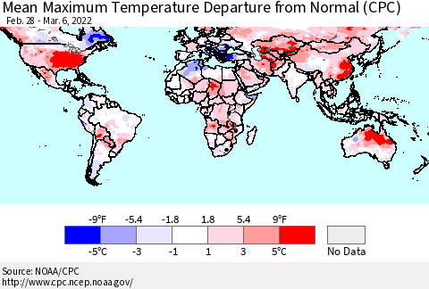 World Mean Maximum Temperature Departure from Normal (CPC) Thematic Map For 2/28/2022 - 3/6/2022
