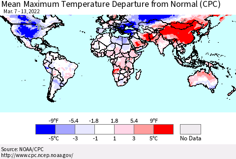 World Mean Maximum Temperature Departure from Normal (CPC) Thematic Map For 3/7/2022 - 3/13/2022