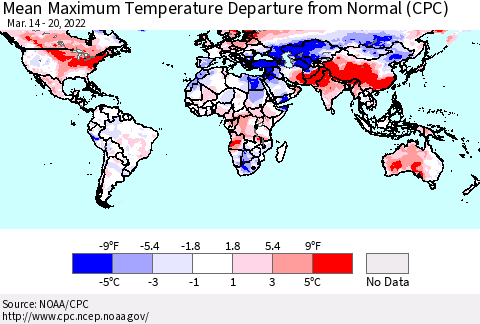 World Mean Maximum Temperature Departure from Normal (CPC) Thematic Map For 3/14/2022 - 3/20/2022