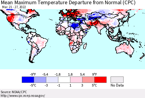 World Mean Maximum Temperature Departure from Normal (CPC) Thematic Map For 3/21/2022 - 3/27/2022