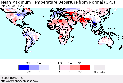 World Mean Maximum Temperature Departure from Normal (CPC) Thematic Map For 3/28/2022 - 4/3/2022