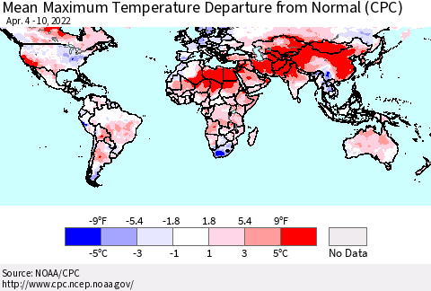 World Mean Maximum Temperature Departure from Normal (CPC) Thematic Map For 4/4/2022 - 4/10/2022