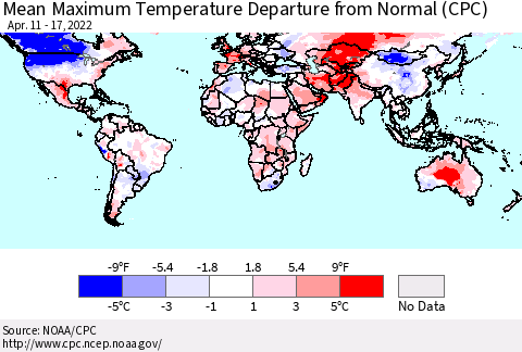 World Mean Maximum Temperature Departure from Normal (CPC) Thematic Map For 4/11/2022 - 4/17/2022