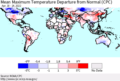 World Mean Maximum Temperature Departure from Normal (CPC) Thematic Map For 4/18/2022 - 4/24/2022