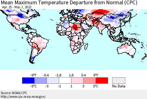 World Mean Maximum Temperature Departure from Normal (CPC) Thematic Map For 4/25/2022 - 5/1/2022