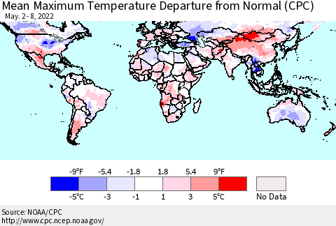 World Mean Maximum Temperature Departure from Normal (CPC) Thematic Map For 5/2/2022 - 5/8/2022