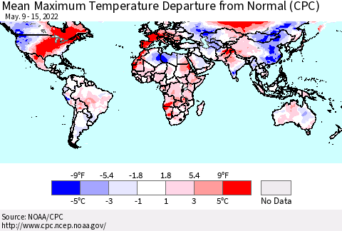 World Mean Maximum Temperature Departure from Normal (CPC) Thematic Map For 5/9/2022 - 5/15/2022