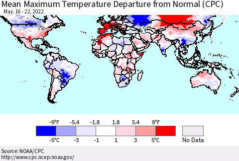 World Mean Maximum Temperature Departure from Normal (CPC) Thematic Map For 5/16/2022 - 5/22/2022