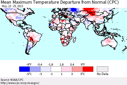 World Mean Maximum Temperature Departure from Normal (CPC) Thematic Map For 5/23/2022 - 5/29/2022