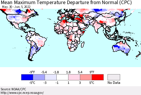 World Mean Maximum Temperature Departure from Normal (CPC) Thematic Map For 5/30/2022 - 6/5/2022