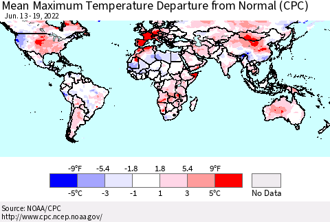 World Mean Maximum Temperature Departure from Normal (CPC) Thematic Map For 6/13/2022 - 6/19/2022