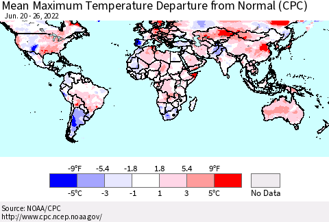 World Mean Maximum Temperature Departure from Normal (CPC) Thematic Map For 6/20/2022 - 6/26/2022