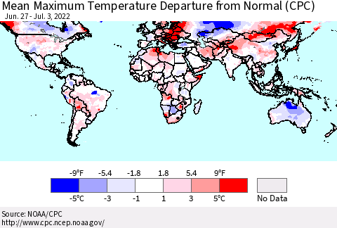 World Mean Maximum Temperature Departure from Normal (CPC) Thematic Map For 6/27/2022 - 7/3/2022