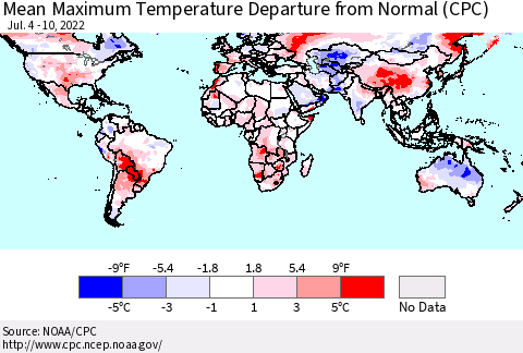 World Mean Maximum Temperature Departure from Normal (CPC) Thematic Map For 7/4/2022 - 7/10/2022
