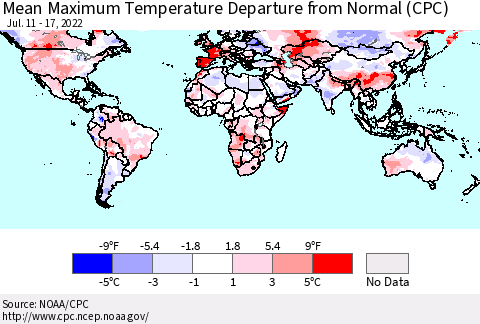 World Mean Maximum Temperature Departure from Normal (CPC) Thematic Map For 7/11/2022 - 7/17/2022
