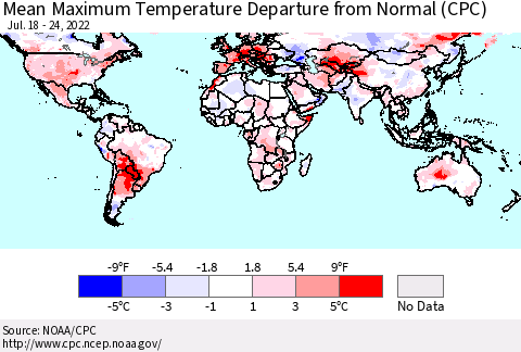 World Mean Maximum Temperature Departure from Normal (CPC) Thematic Map For 7/18/2022 - 7/24/2022
