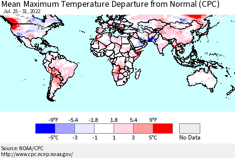 World Mean Maximum Temperature Departure from Normal (CPC) Thematic Map For 7/25/2022 - 7/31/2022