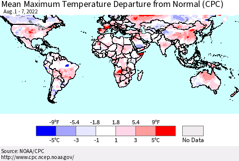 World Mean Maximum Temperature Departure from Normal (CPC) Thematic Map For 8/1/2022 - 8/7/2022
