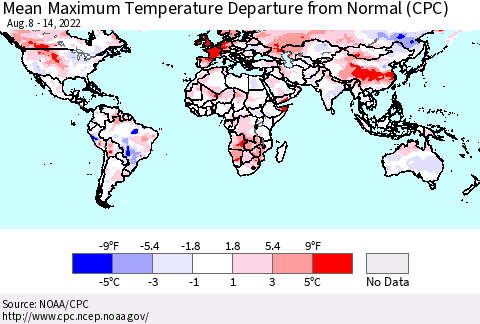 World Mean Maximum Temperature Departure from Normal (CPC) Thematic Map For 8/8/2022 - 8/14/2022
