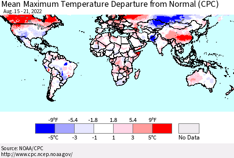 World Mean Maximum Temperature Departure from Normal (CPC) Thematic Map For 8/15/2022 - 8/21/2022